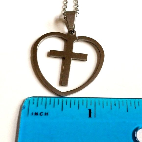 Sacred Heart Cross Necklace 24" Silver Stainless Steel Catholic Christian Gift - Picture 10 of 12